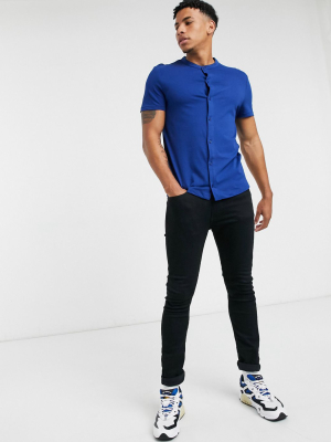 Asos Design Organic Short Sleeve Muscle Fit Jersey Shirt With Grandad Collar In Navy