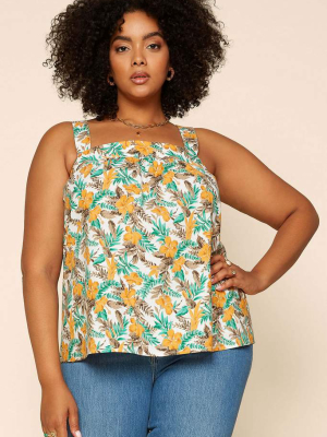 Plus Size - Tropical Tie Shoulder Top