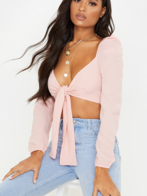 Blush Puff Long Sleeve Tie Crop Blouse