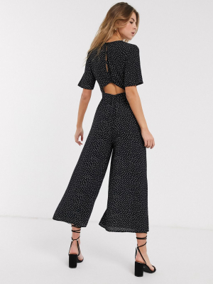 Asos Design Tea Jumpsuit With Button Back Detail In Mini Mono Spot Print