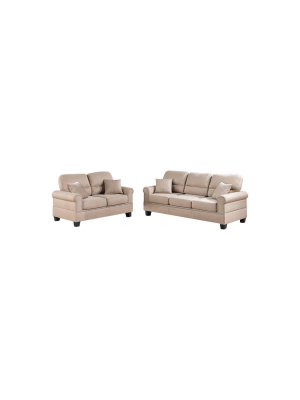 2pc Sand Fabric Sofa Set With Pillows Beige - Benzara