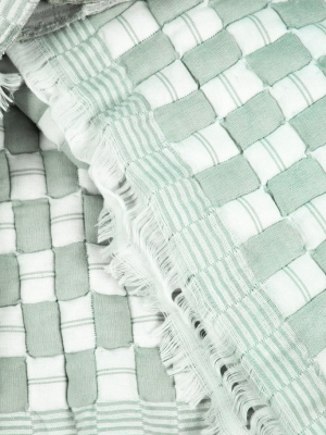 Quilted Suzani Throw Blanket - Light Sage Grey & White