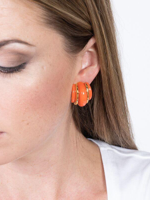 Gold Double Ribbed Coral Domed Hoop Clip Earrings