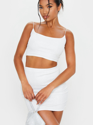 White Textured Glitter Spaghetti Strap Crop Top