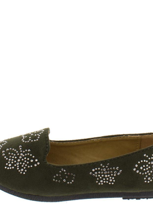 Flexible11k Olive Butterfly Studded Loafer Kids Flat