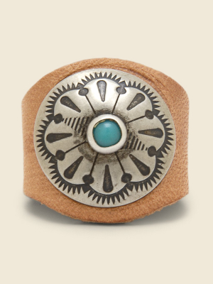 Leather Concho Ring - Tan/turquoise