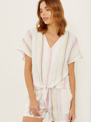 Linen Stripe Short Sleeve Tie Front Top