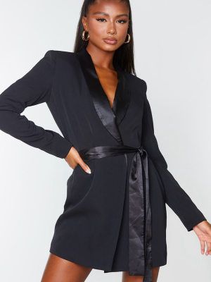 Black Satin Lepel Tie Waist Blazer Dress