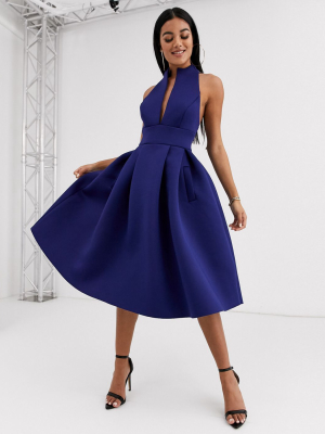 Asos Design High Neck Plunge Midi Prom Dress With Strappy Back Detail In Navy