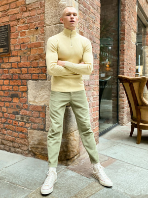 Asos Design Muscle Fit Ribbed Half Zip Sweater In Oatmeal