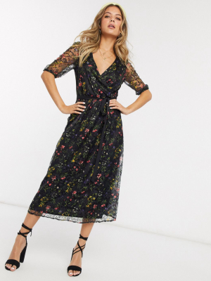 Oasis Lace Floral Midi Dress With In Black