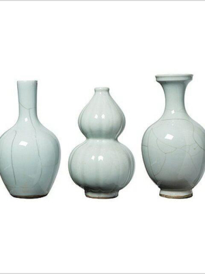 Crackle Celadon Bud Vases, Set Of 3