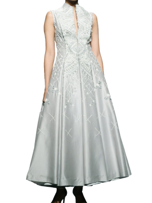 Lapel Collar Embroidered Gown