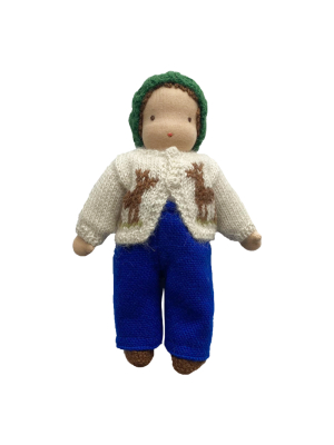 9" Waldorf Boy Doll In Cardigan And Blue Pants  · Brown