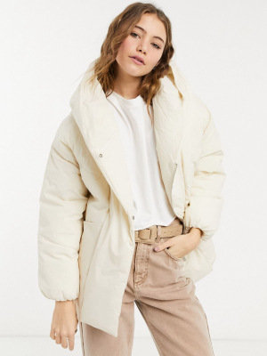 Bershka Hooded Wrap Padded Puffer Coat In Ecru