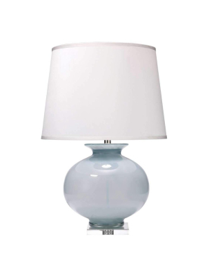 Heirloom Table Lamp In Cornflower Blue Glass With Large Open Cone Shade In White Silk