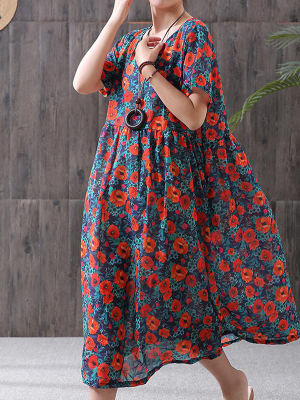 Plus Size - Floral Print Cotton Linen Loose A-line Dress