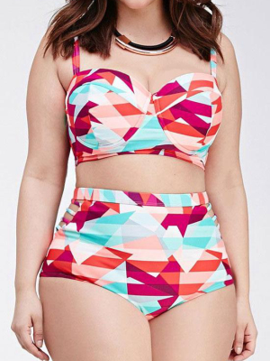 Plus Size Colorful Geometric Bandeau Bikini Swimsuit - Two Piece Set