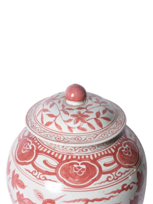 Coral Red Ginger Jar Bird Motif In Two Sizes