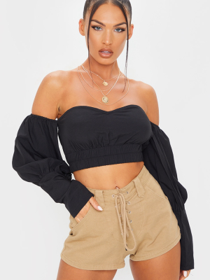 Black Woven Bardot Cuff Sleeve Crop Top