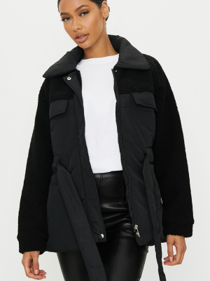 Black Nylon Contrast Borg Cinched Waist Puffer...