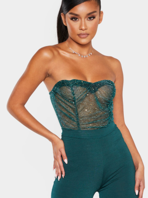 Dark Green Sequin Mesh Bandeau Bodysuit