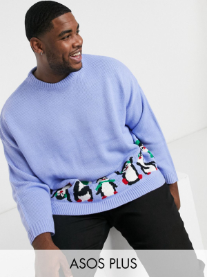 Asos Design Plus Oversized Christmas Sweater With Penguin Design