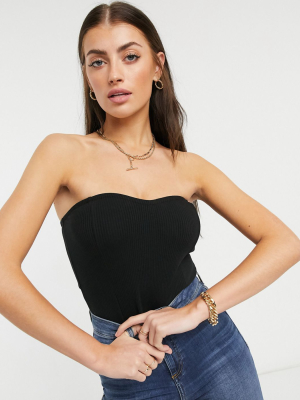 Asos Design Rib Bandeau Corset Bodysuit In Black