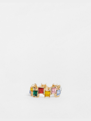 Asos Design Ring With Square Rainbow Stones In Gold Tone