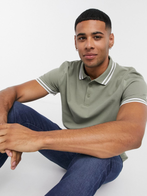 Asos Design Tipped Pique Polo Shirt In Khaki