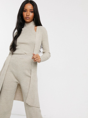 Fashionkilla Knitted Longline Cardi Two-piece In Oatmeal