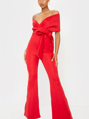 Red Bardot Flared Leg Bonded Scuba Jumpsuit