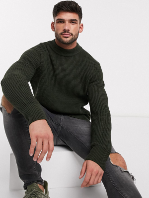 River Island Long Sleeve Knitted Waffle Sweater In Green