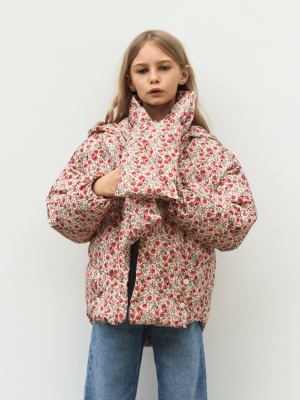 Floral Puffer Jacket With Scarf