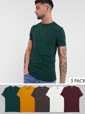 Asos Design 5 Pack Organic Muscle Fit T-shirt With Crew Neck