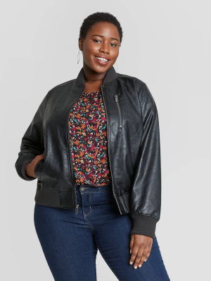 Women's Plus Size Leather Bomber Jacket - Ava & Viv™ Black