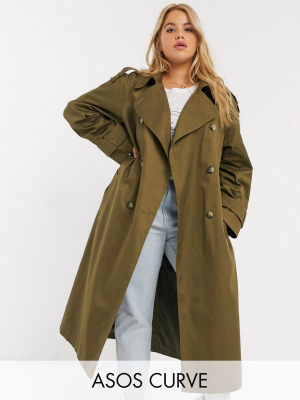 Asos Design Curve Longline Trench Coat In Khaki