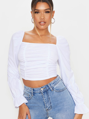 White Crepe Ruched Detail Long Sleeve Crop Top