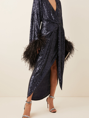 Donna Feather-trimmed Sequined Wrap Dress