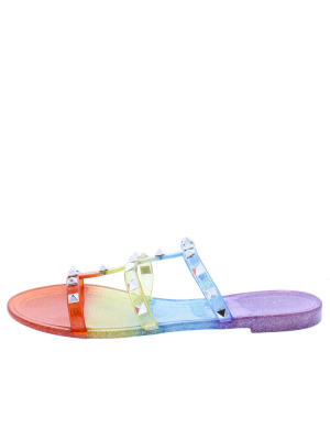 Miriam264 Rainbow Caged Rock Stud Flat Slide Sandal