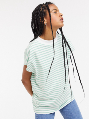 Weekday Prime Organic Cotton Striped High Neck Tee In Green And White
