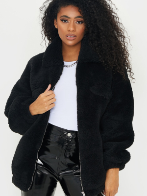 Black Long Faux Fur Oversized Collar Jacket