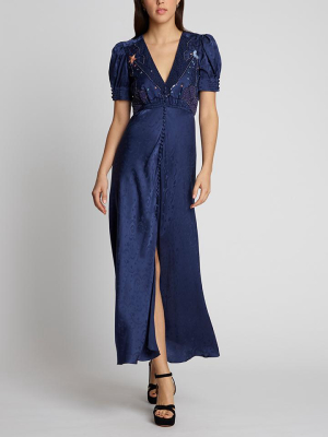 Lea Long Dress In Navy Astro Embroidered