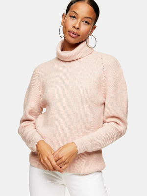 Pale Pink Roll Neck Knitted Sweater
