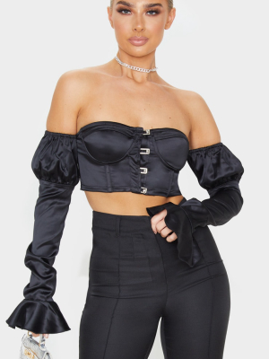 Black Satin Bardot Frill Sleeve Crop Top