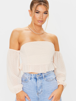 Nude Dobby Mesh Bardot Frill Hem Crop Top