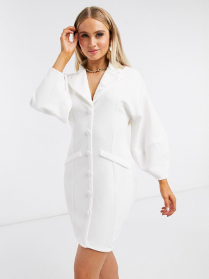 Asos Design Mini Tux Dress With Dome Sleeve In Ivory