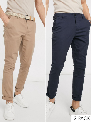 Asos Design 2 Pack Super Skinny Chinos In Navy & Stone Save