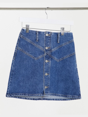 Topshop Button Front Denim Mini Skirt In Mid Blue