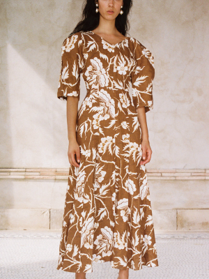 Sicily Floral-print Hemp Midi Dress
